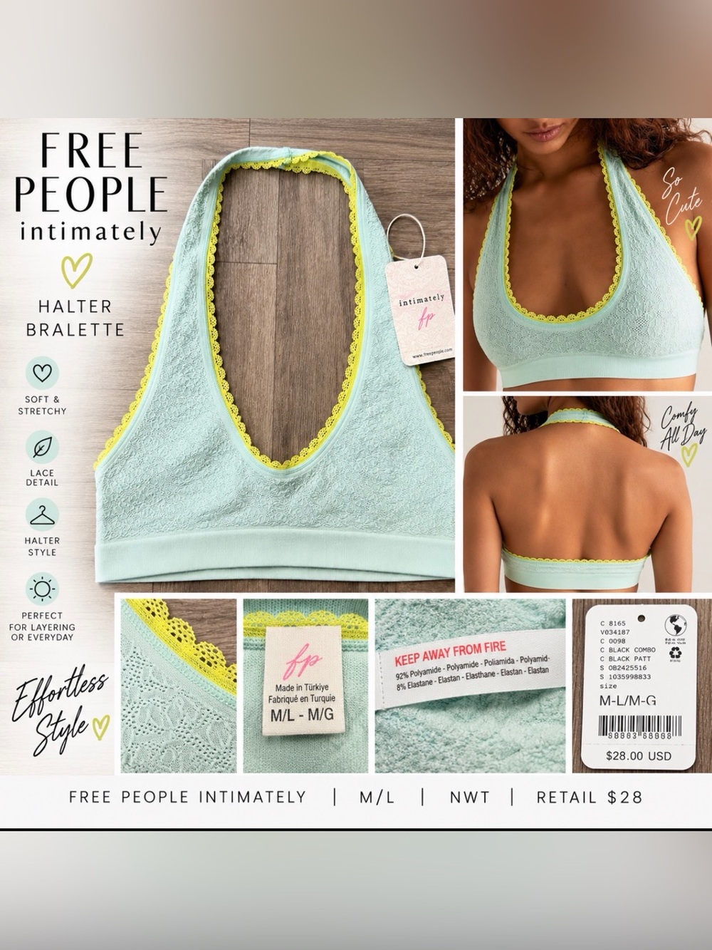 Free People Intimately Mint Green Lace Halter Bralette M/L NWT